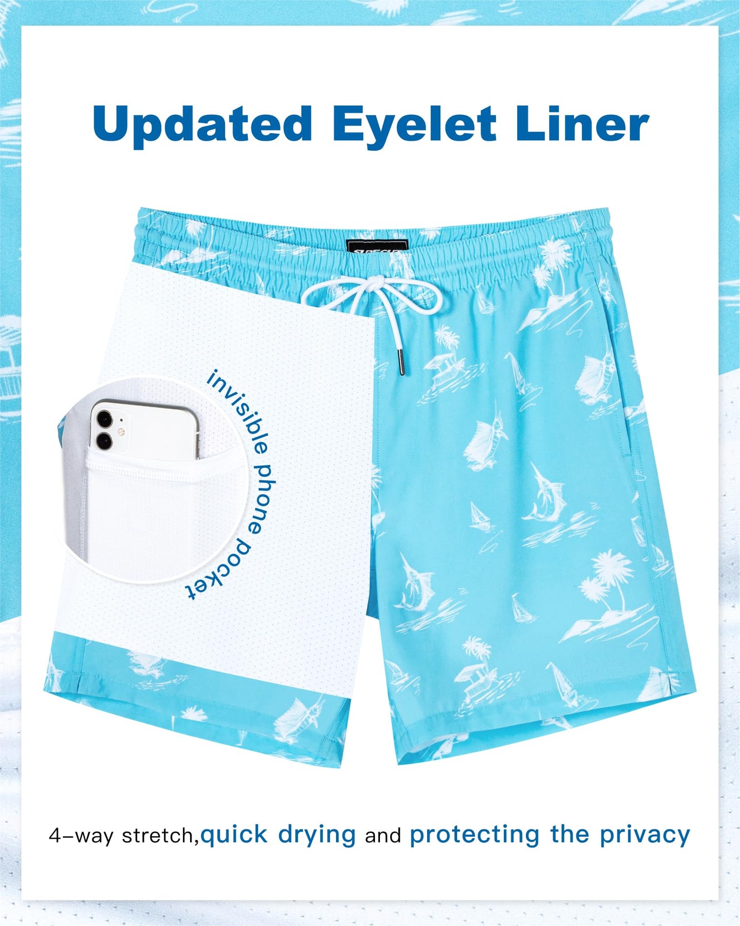SURF CUZ Mens Swim Trunks with Compression Liner Quick Dry Swim Shorts 7" Swimming Trunks Stretch Bathing Suit 7 Inch,Marlin Leap,XXL