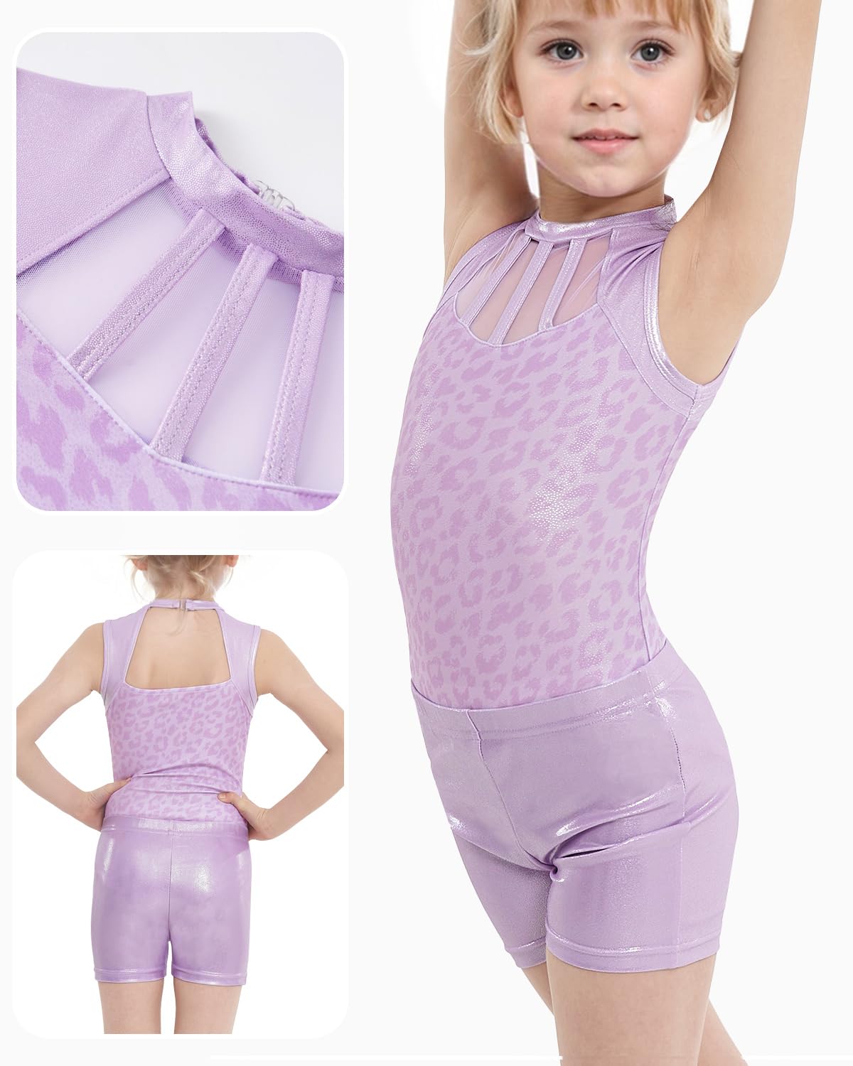 JiAmy Gymnastics Leotards for Girls, 6-7 Years Old Sparkly Sleeveless Biketards Unitards with Shorts Dance Ballet Tumbling Outfits Purple Leopard Gymnastics Gifts