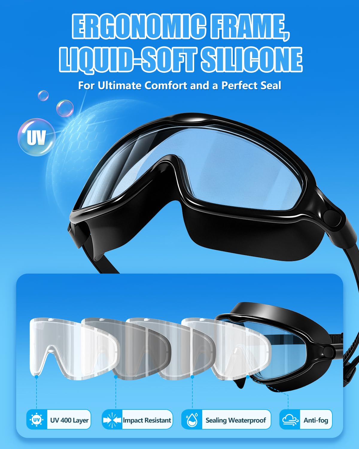 Aegend Swim Goggles for Adult Youth - 2 Pack Wide View Anti-Fog Anti-UV Swimming Goggles for Men & Women (Black & Black Silver)