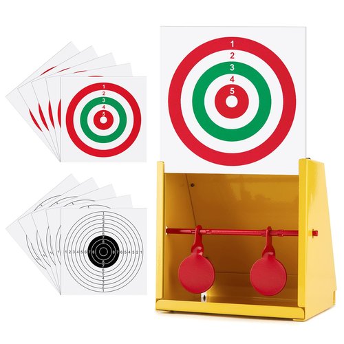 GearOZ BB Gun Target Trap, Airsoft Target, Pellet Gun Target with 10pcs Paper Targets, Resetting Metal Silhouettes Shooting Targets for Backyard, Outdoor, Indoor, Small Size, Yellow
