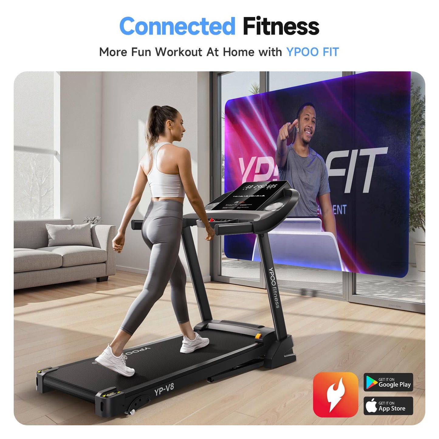 YPOO Treadmills for Home with Incline, Auto Foldable Running Treadmills, 8.0 MPH Walking Pad Treadmill with Bluetooth, 300 lbs Weight Capacity Quiet