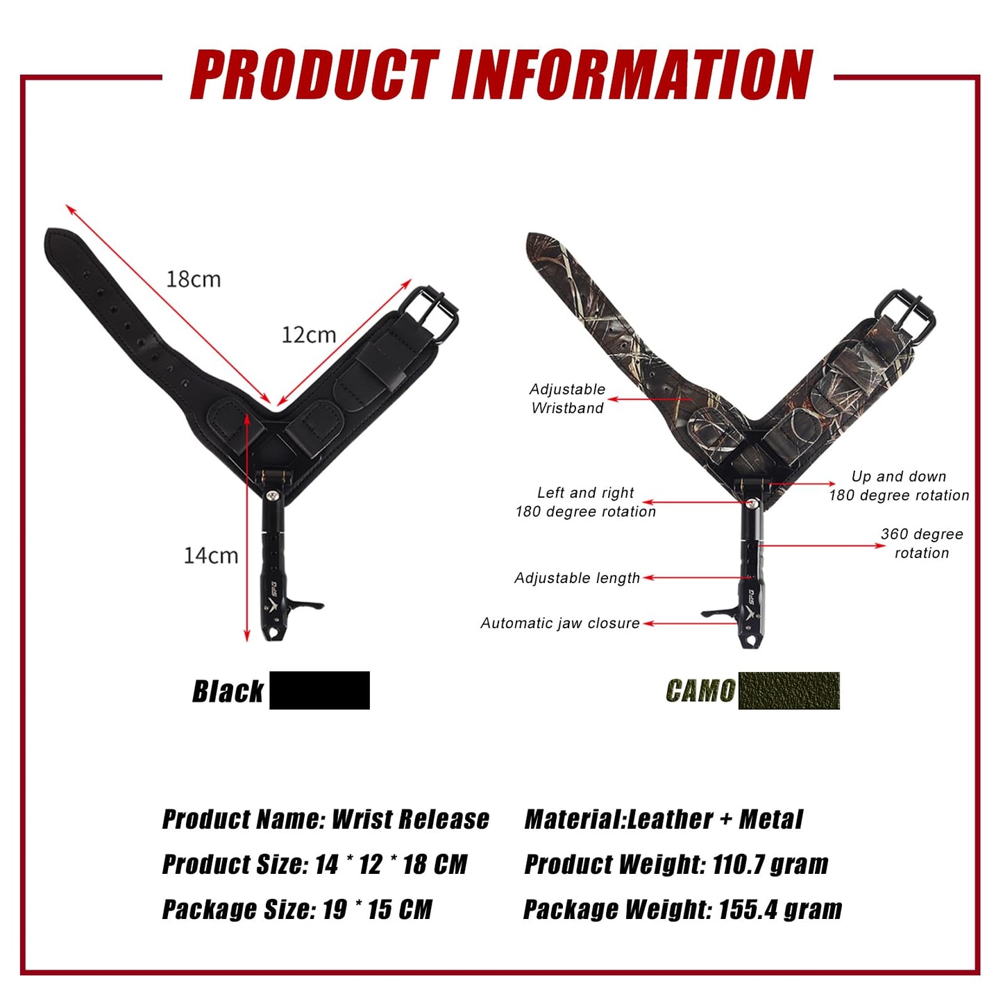 SPG Bow Release for Compound Bow, Comfortable Wrist Strap Archery Release Trigger for Arrow Release, Adjustable Compound Bow Release Aids 360° Rotate Caliper with Foldback Design (Camo)