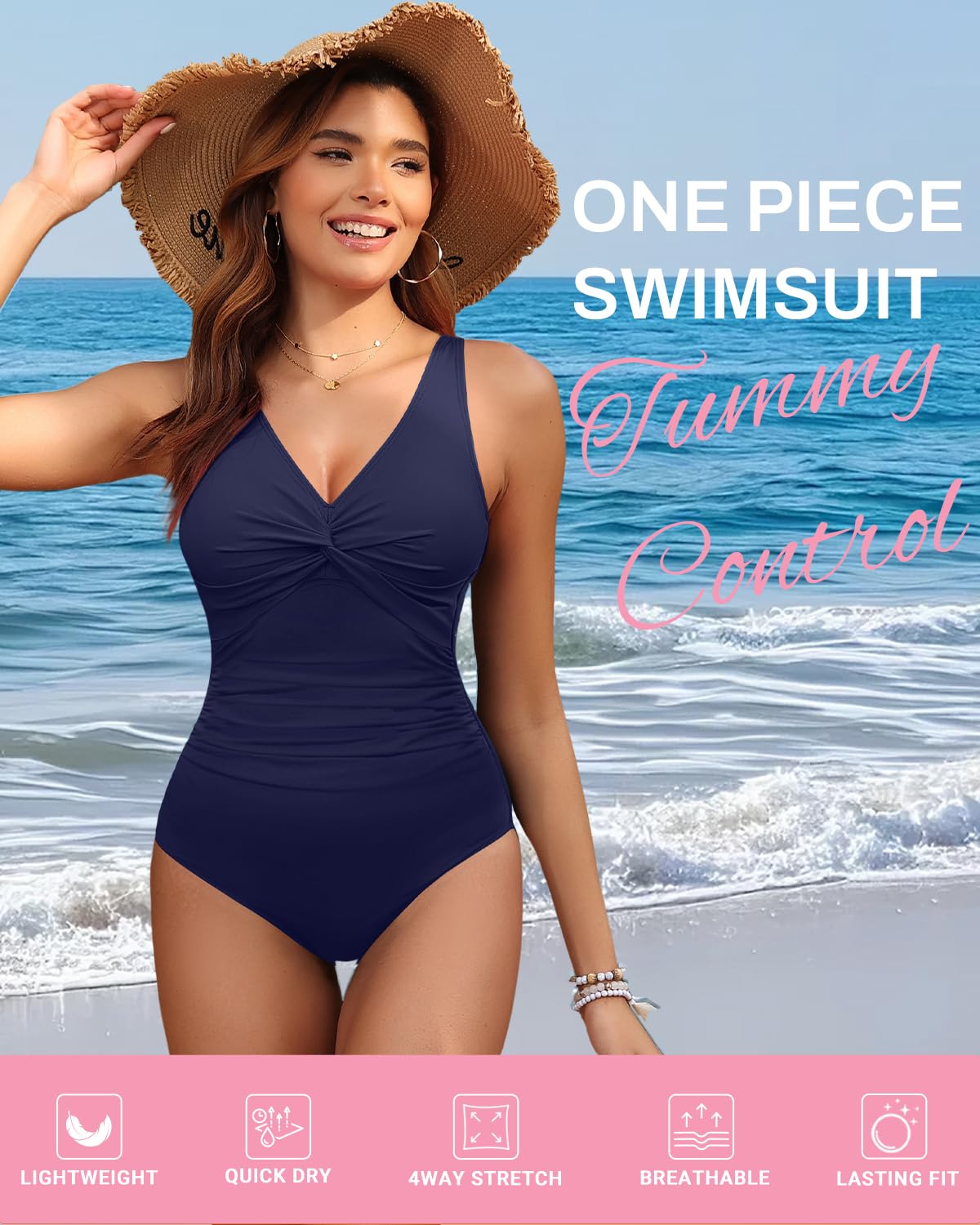 Holipick Navy Blue Women Tummy Control One Piece Swimsuit - Push Up Bathing Suit Full Coverage Slimming Swimwear 18 Plus (US 18W)