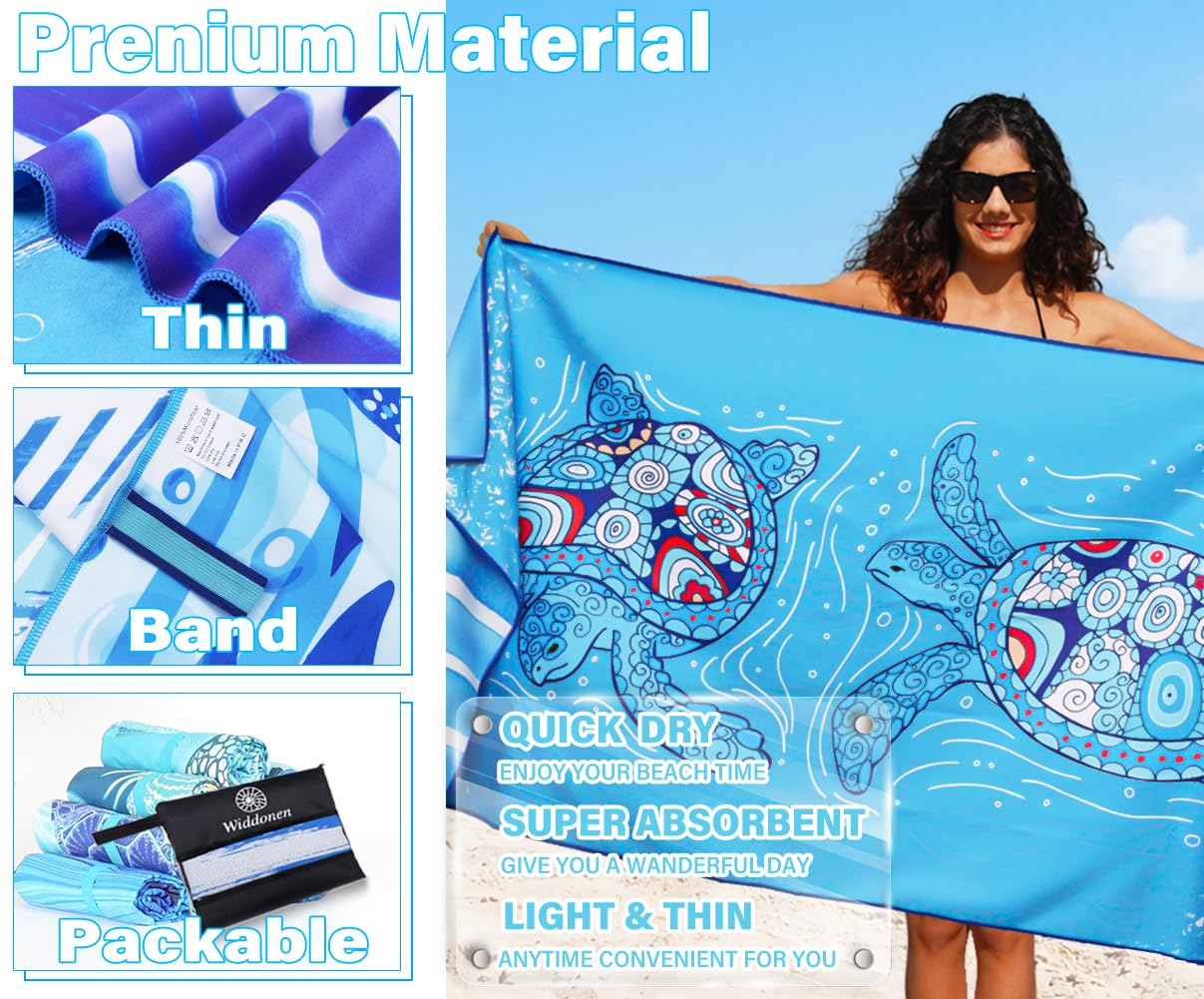 Widdonen Lightweight Thin Microfiber Beach Towel Sand Free Quick Dry Absorbent Compact Soft Pool Swim Travel Towels Extra Large Oversized Beach Accessories Packable Essentials Stuff Gifts for Adult