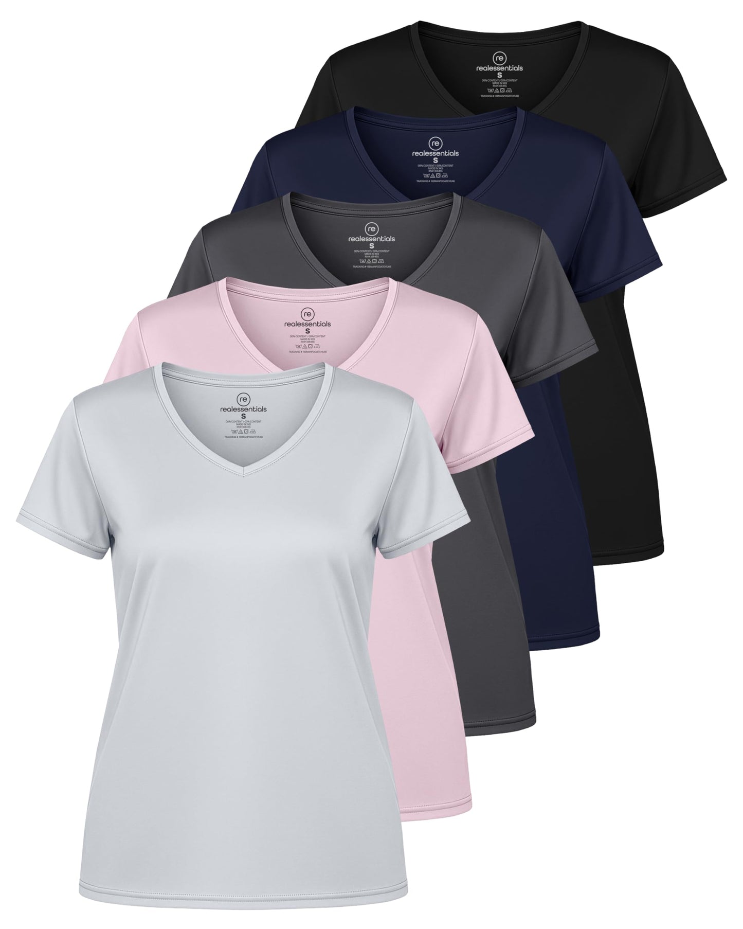 Real Essentials 5 Pack: Women's Dry-Fit Short Sleeve V Neck T Shirt Workout Fitness Yoga Top Tee (Available in Plus Size), Set 14, 3X