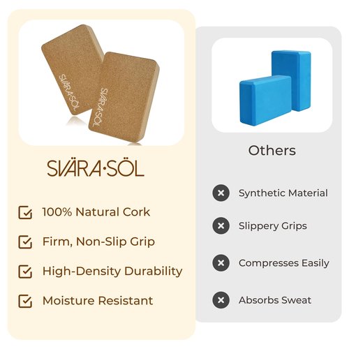 Svära Söl Cork Yoga Blocks 2 Pack | 9x6x3 Inch Natural Cork Block Set | High-Density Yoga Blocks for Stability & Support | Eco-Friendly Yoga Essentials