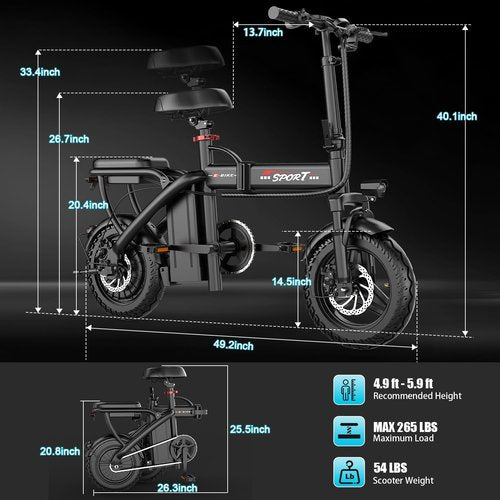 Misodo 500W Electric Bike for Adults, 48V 10/13/15AH Removable Battery, 20/25MPH & 25/30 Miles, 14" Foldable Commuter Bike with 3 Modes, Shock Absorption (48V 10AH, Black)
