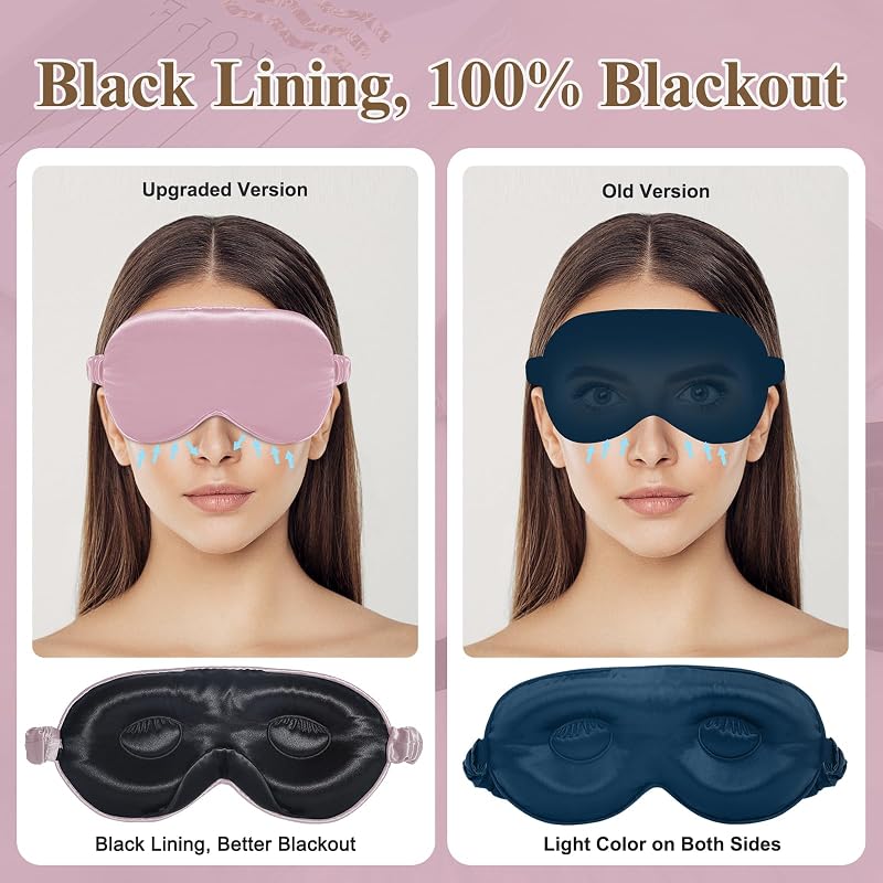 22 Momme Silk Sleep Mask 2-Pack, 3D Contoured Eye Masks for Women & Men - Black & Pink