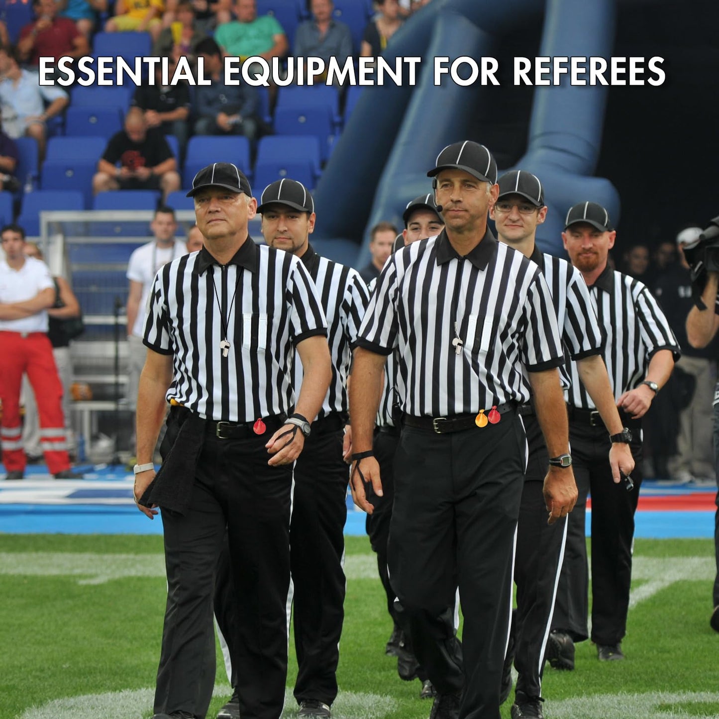 5 Pcs Men's Referee Costume Kit White and Black Stripe Referee Shirt Womens Official Referee Hat Stainless Whistle Yellow Red Penaltys Flag for Football Soccer Halloween L