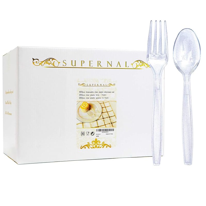 400pcs Clear Plastic Forks & Spoons - Heavy Duty Disposable Utensils, Crystal Clear 7" Forks & 6.5" Spoons, Includes 200 each (Variation of THIS listing: 400pcs Clear Plastic Forks and Spoons)