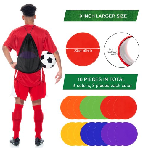 ZIECE Poly Spots Spot Markers for Gym Floor 9inch 18 Pcs Flat Cones Non-Slip Rubber Floor Dots Circles for Kids Sports Soccer Basketball Agility Training Dance Classroom