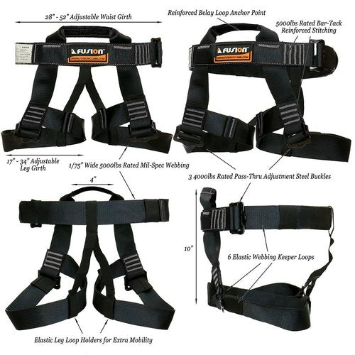Rock Climbing Harness - Fusion Climb® - (5,000 LBS Rated) Professional Half Body Harness for Mountaineering, Tree Climbing, Ziplining, Rock Climbing, Rappelling- Heavy Duty Half Body Harness