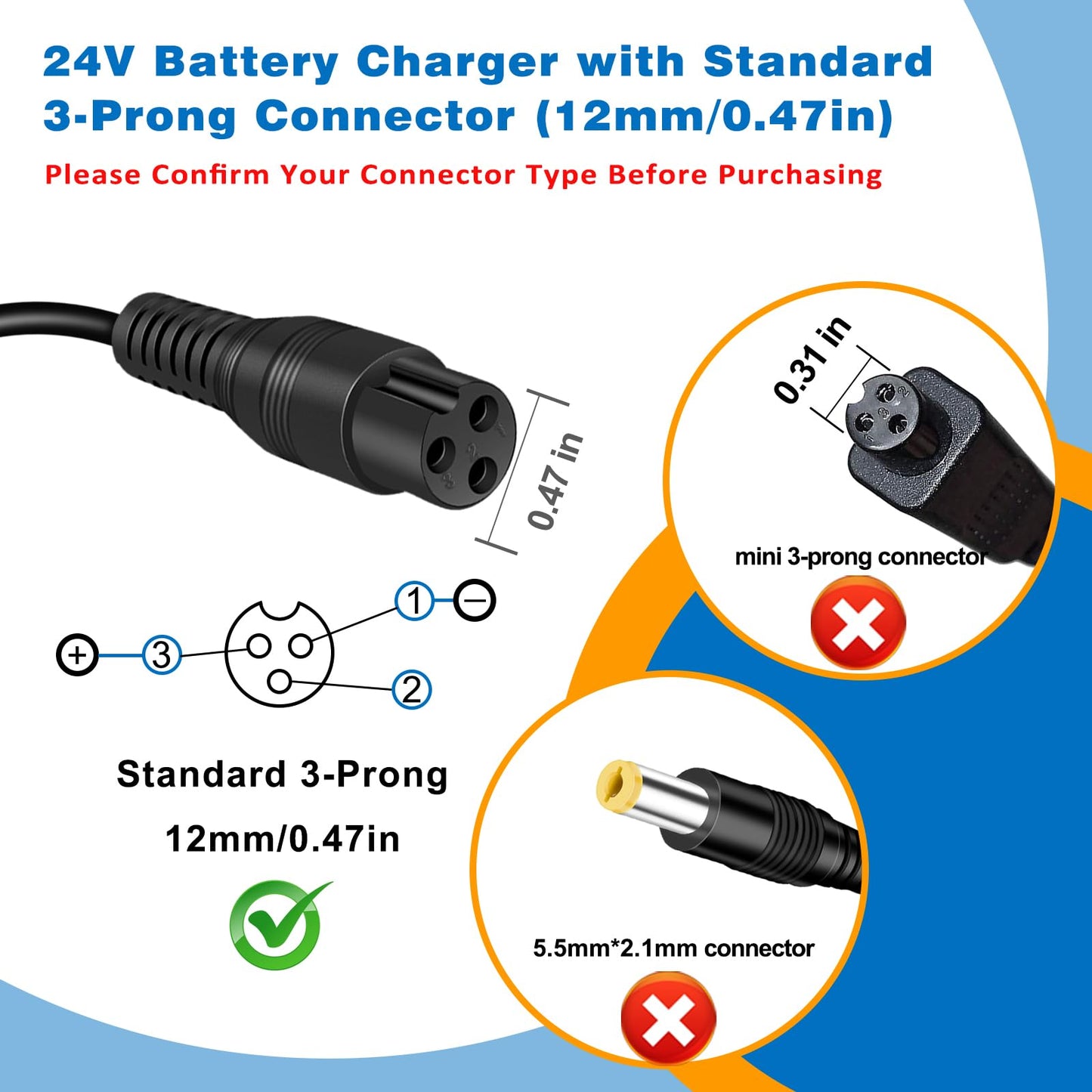 24V Charger for Electric Scooter Razor MX350 E100 E125 E150 E175 E200 E200S E300 E300S MX400 Dirt Rocket Dirt Bike Dirt Quad Motorcycle Pocket Mod Sports Mod 3-Prong Power Supply 24V Battery Charger