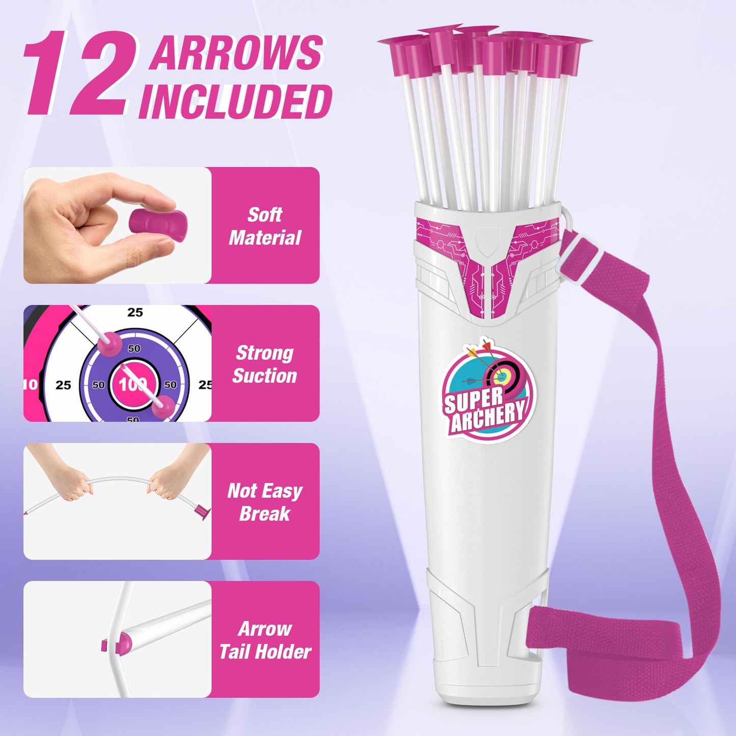 HYES Bow and Arrow for Kids, LED Light Up Archery Set with 12 Suction Cup Arrows, 1 Hanging Target, 3 Score Targets & 1 Quiver, Indoor Outdoor Sport for Boys Girls Ages 4-12, Purple