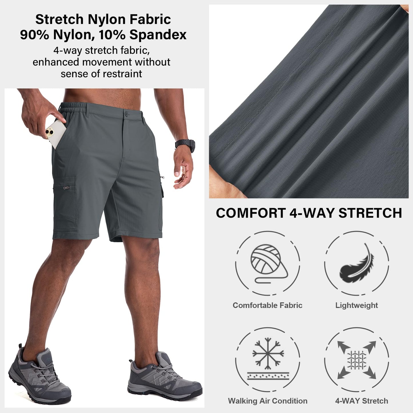 Jessie Kidden Mens Outdoor Casual Expandable Waist Lightweight Water Resistant Quick Dry Fishing Hiking Shorts (6222 Iron Grey 32)