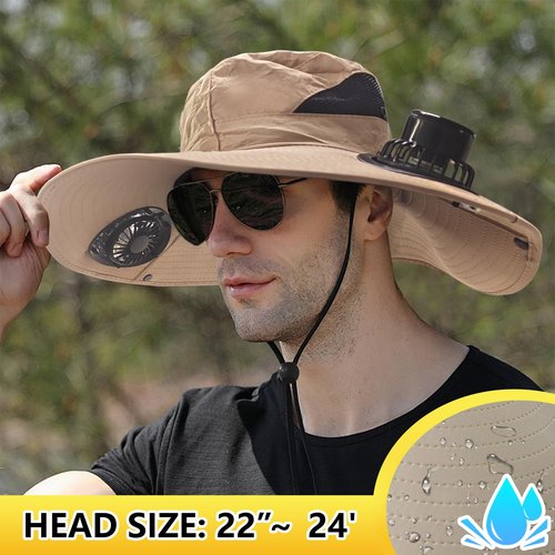Solar Fan Hat, Solar Powered Fan Hat with 2 Solar, Wide Sun Hats for Men Women, Outdoor Hiking Camping with Fishing Hat Beige