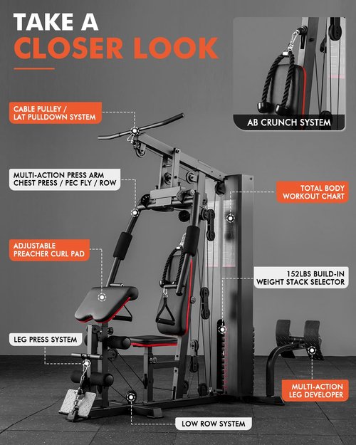 Mikolo Home Gym, Workout Station with 150LBS Weight Stack, Multifunctional Home Gym Equipment with Pulley System for Full Body Strength Training