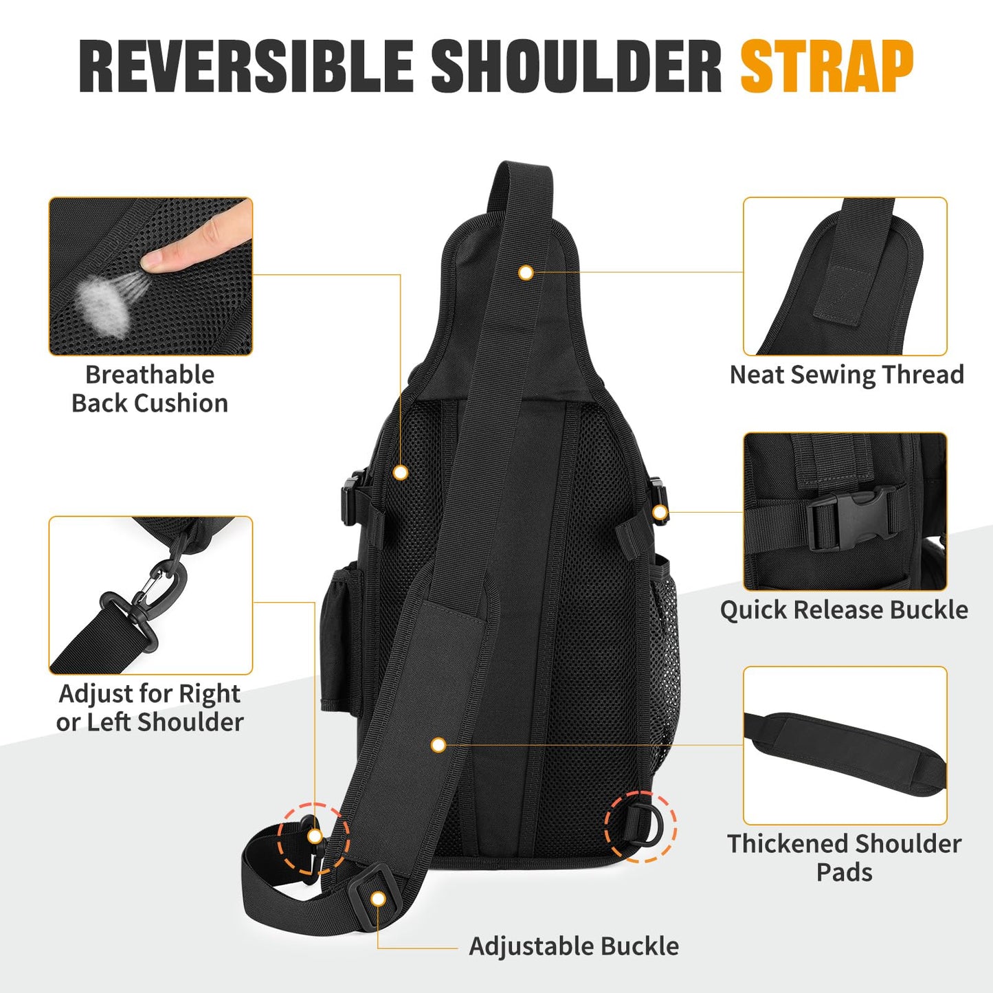 HUNTVP Fishing Sling Bag Lightweight Tackle Bag Small Fishing Backpack Tactical Shoulder Sling Bags with Rod Holder, Storge Gear and Equipment, Gifts for Men (Black)