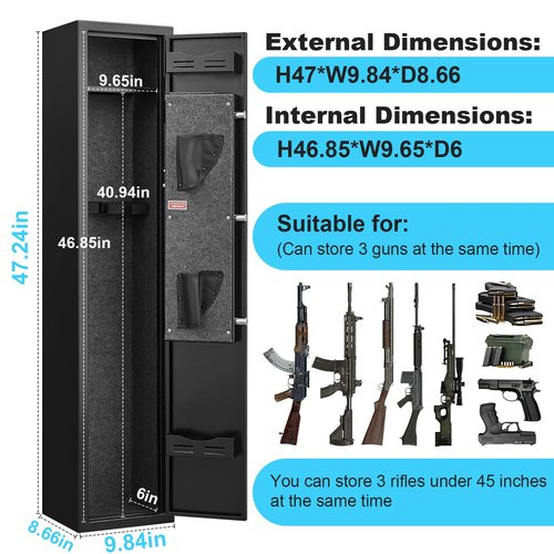 HEANVO 2-3 Gun Safe, Rifle Safes for Home, Locking Gun Cabinet with 180-Degree Full Access Door, Shotgun Safe with Alarm System, Rifle Gun Safe with Mobile Gun Rack