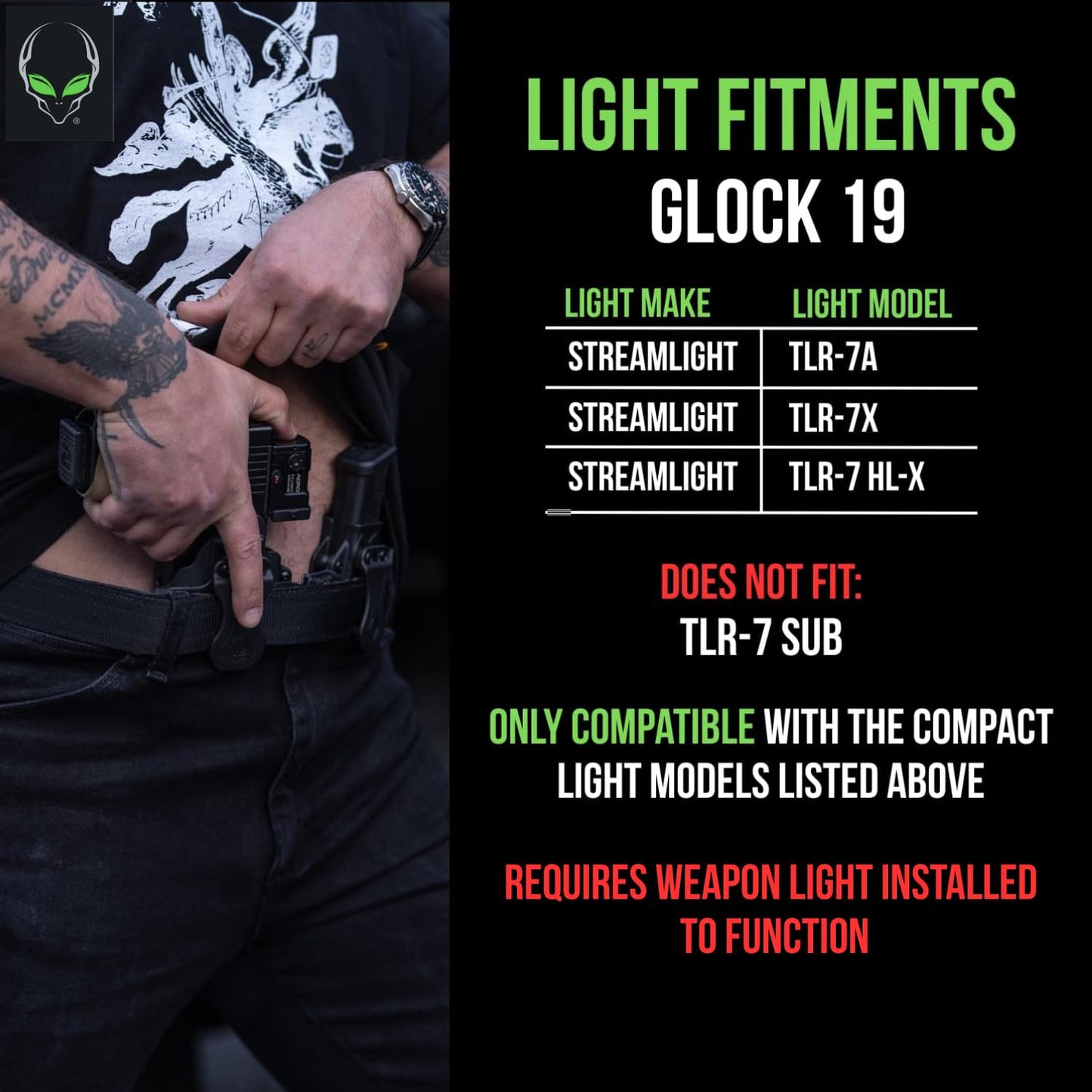 Alien Gear Photon Holster for Glock 19 (Gen 1-5)/19X/19 MOS/23/44/45, MR920 and XR920 – IWB/OWB – Compact Light - Fits TLR-7A, TLR-7X, & TLR-7 HL-X – Ambidextrous