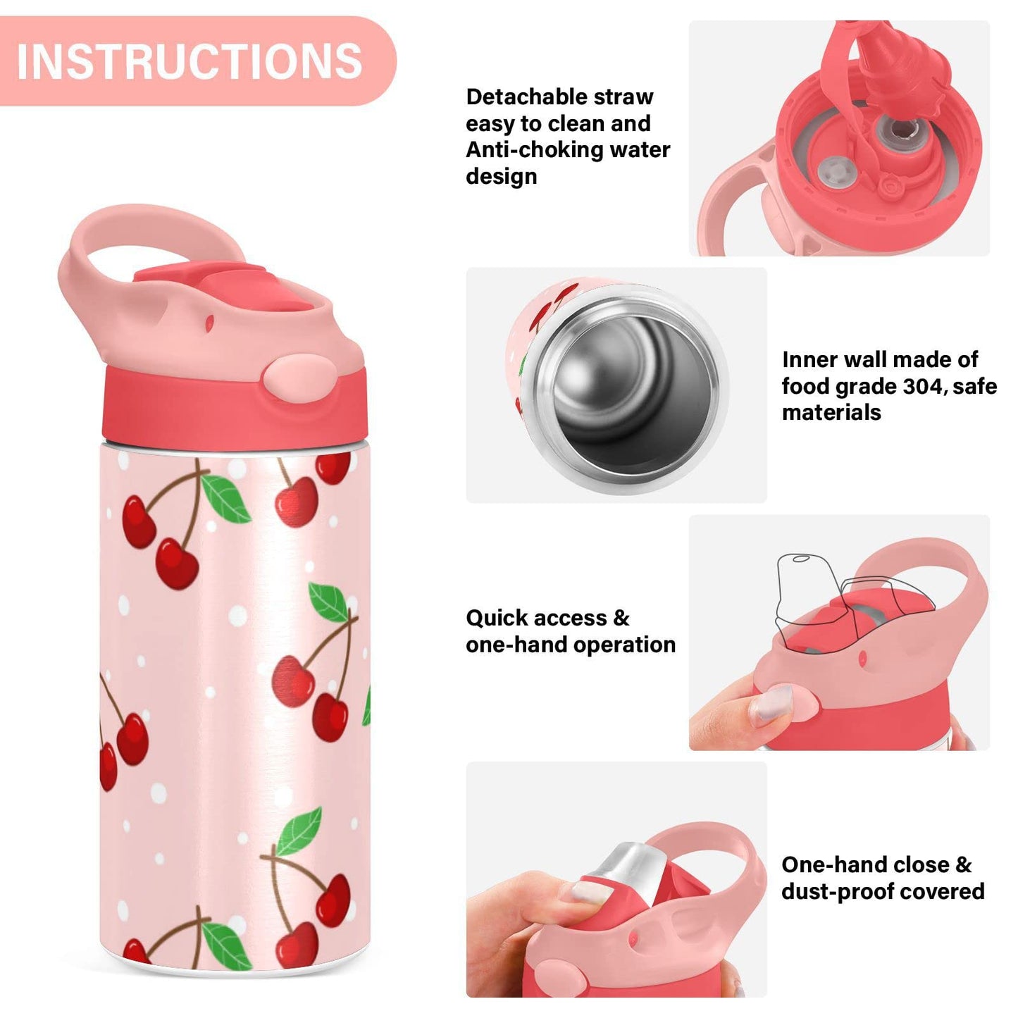 JUMBEAR Cherry Water Bottle with Straw Lid, Leakproof Double Walled Vacuum Insulated Stainless Steel Thermo Flask Travel Tumbler for Kids, Girls