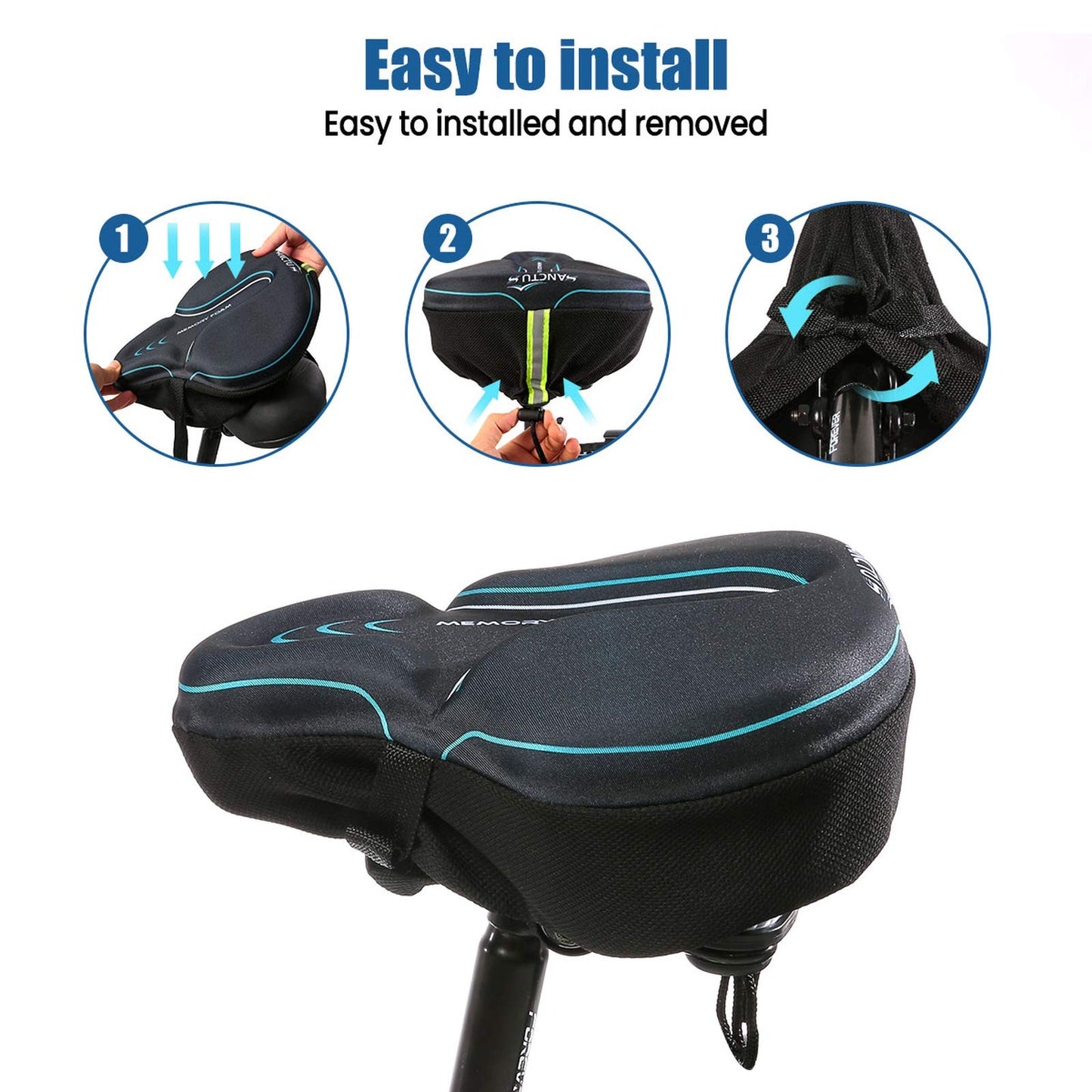 Sanctus Bike Seat Cushion Cover Memory Foam, Large Wide Bicycle Saddle Soft for Men Women, Comfort Exercise Cycle Seats Cover Padded Fits Stationary Bikes, Cruiser, Spin, with Waterproof Cover Blue