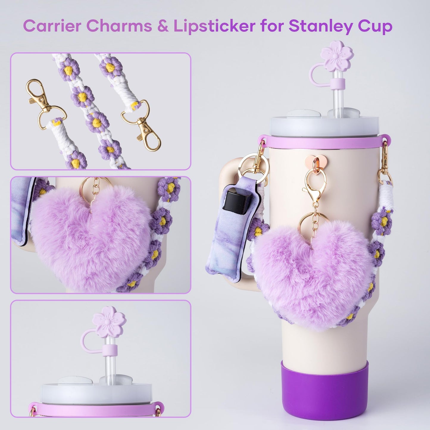 Bufilea Stanley Cup AccessoriesI Bottle Handle Carrier Strap,Silicone Cup Boot, Lipstick Holder, Straw Topper & Spill Stopper Cute Decorative Charms, Accessories for Stanley Cup 40oz/30oz Decor