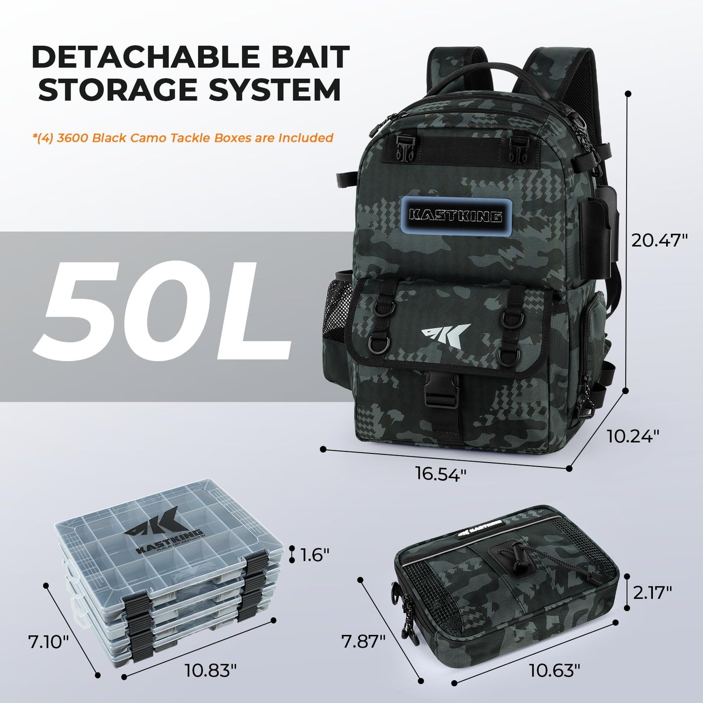 KastKing BaitSpace 50L Fishing Tackle Backpack with Removable Bait Binder & 4 Tackle Boxes,2 Rod Holders Storage Fishing Gear and Equipment,Black Camo