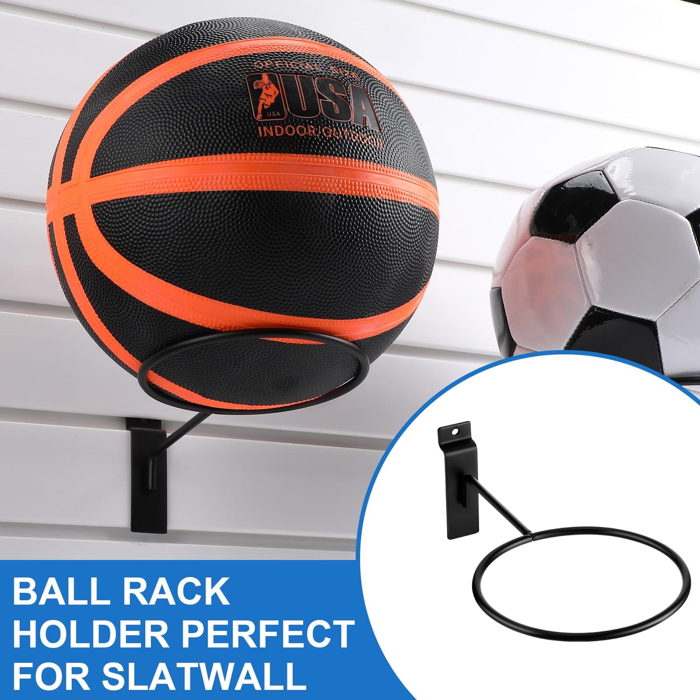 Gisafai 6 Pcs Basketball Holder Wall Mmount Slatwall Metal Ball Storage Multi Function Ball Holder Universal Basketball Display Rack for Sport Football Volleyball Soccer Display(Black)