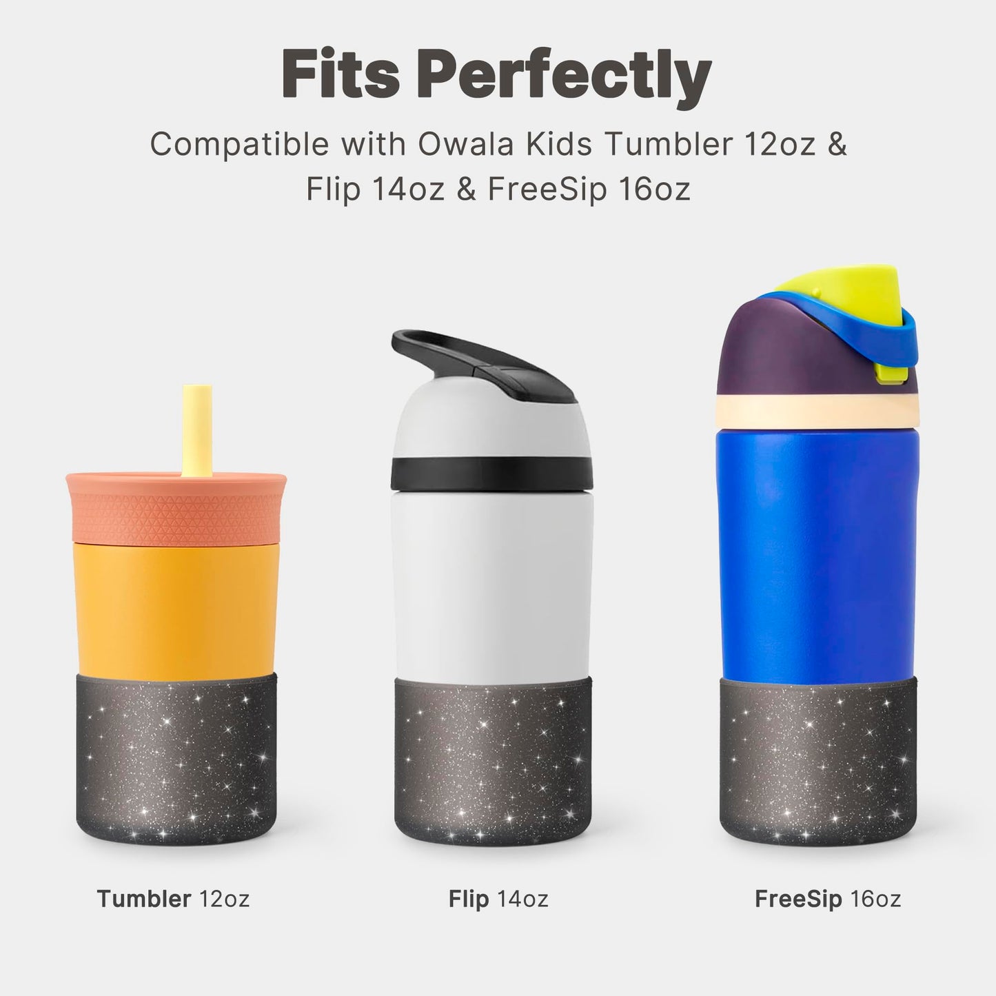 Diumepo Silicone Water Bottle Boot for Owala 14/16oz, Anti-Slip Protective Sleeve Bottom Bumper Protector for Owala 12 oz Tumbler, Flip 14 oz and FreeSip 16 oz Water Bottle (Glitter Black)