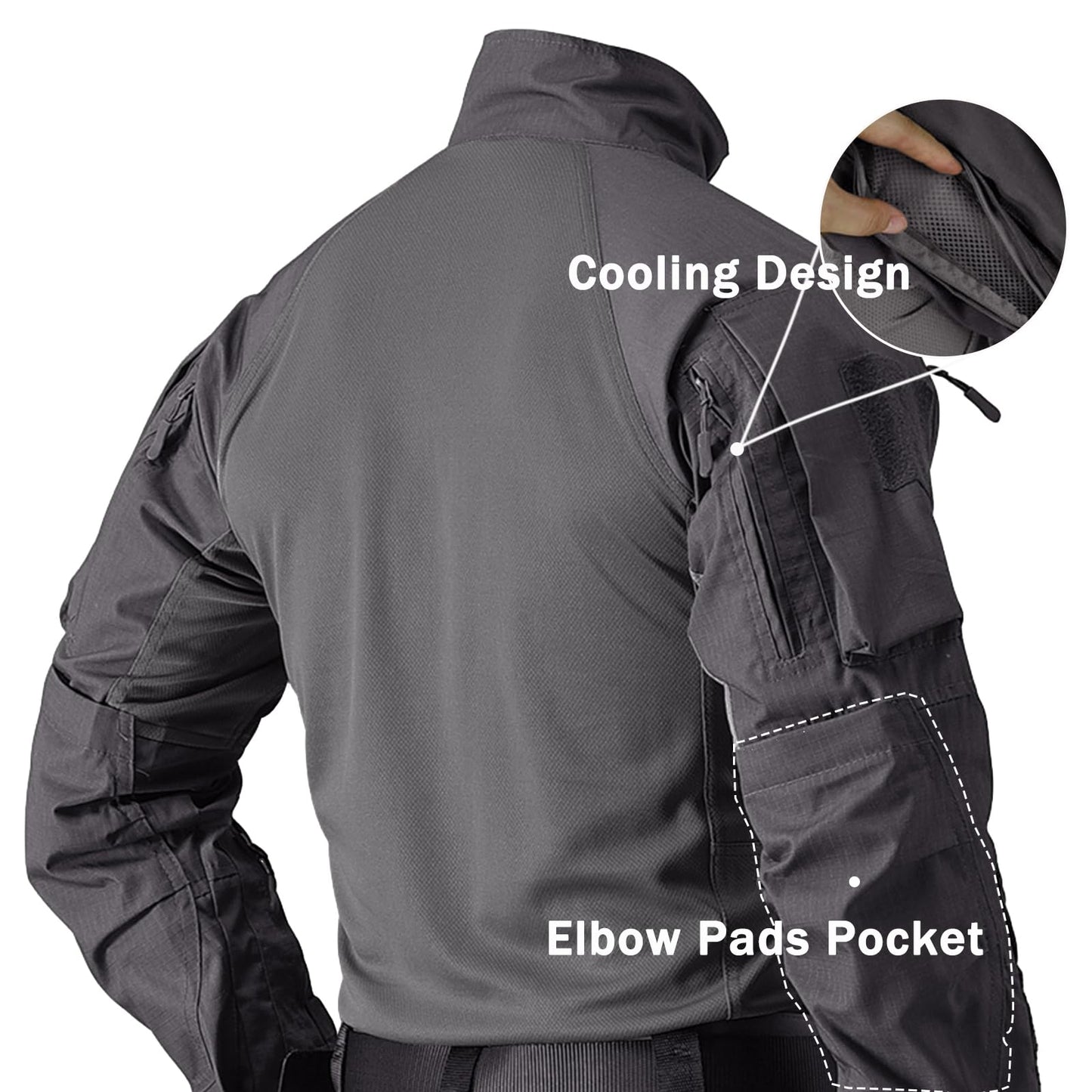 Men's Tactical Shirts Military Combat Shirt，1/4 Zipper Long Sleeve with Elbow Pads Top for Outdoor Paintball Airsoft Grey L