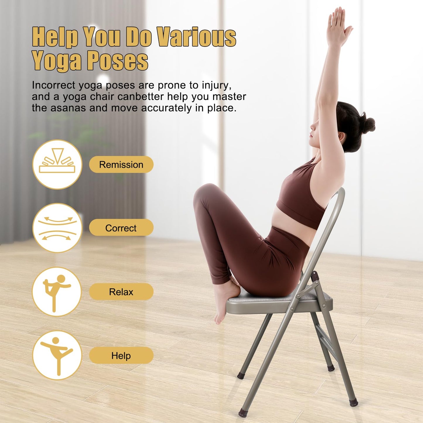 INNOLIFE Yoga Auxiliary Chair Foldable Backless Yoga Chair for Abs & Core, Foldable Balance Training Yoga Chair, Flexibility and Strength Training and Back Pain Relieving (Gray)
