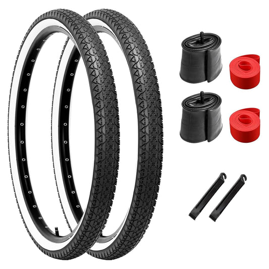 2-Pack Bike Tire, 26x2.125 Inch Folding Replacement Bicycle Tires and Pair 26-inch Inner Tubes with Tire Levers for Beach Cruiser Urban City Commuter Bike - White Walled (Black)