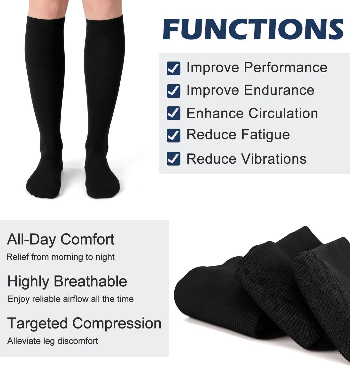 (3 pairs) Compression Socks for Women Men 20-30 mmHg Long Knee High Socks Circulation Athletic Support Running Black/White/Lightgrey L/XL