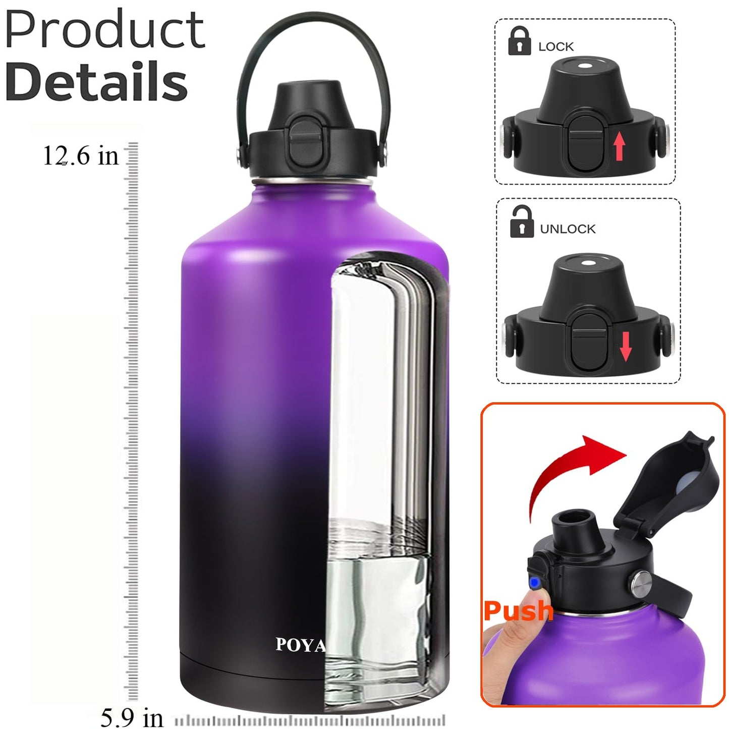 Water Bottle Insulated 32oz 40oz 64oz 128oz Straw Lid Spout Lid & 3 Lids, Leak Proof, Vacuum Insulated,Stainless Steel Water Bottle Wide Mouth for Sports, Gym or Office (Purple Black, 128 oz)