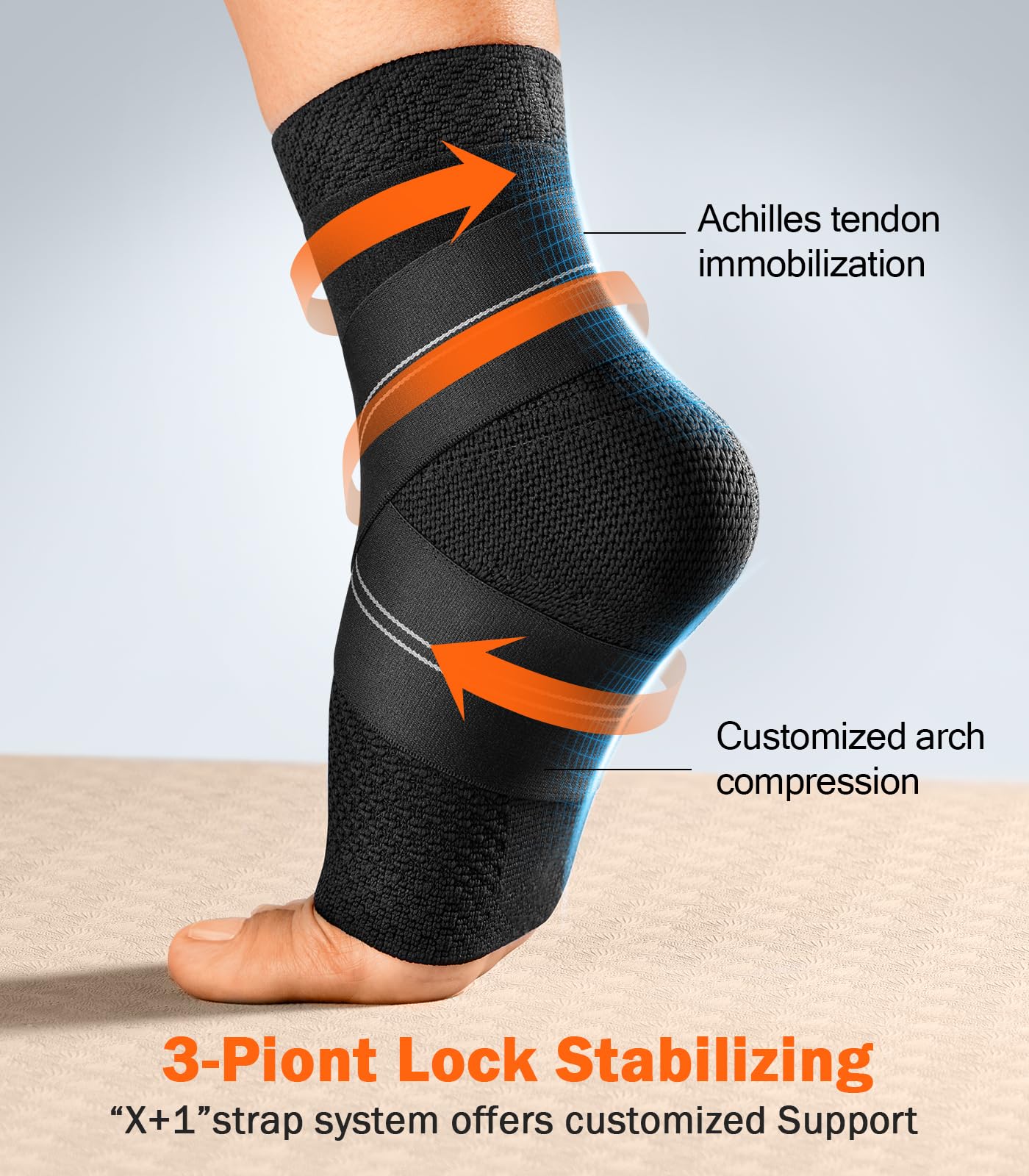 WHCOOL Flat Knitting Ankle Brace For Women&Men, 7-Zone Dynamic Compression Sleeve w/Flex Strap,Foot Support For Sports, Sprained Ankle, Achilles Tendonitis, Plantar Fasciitis Relief(Pack of1)M, Black