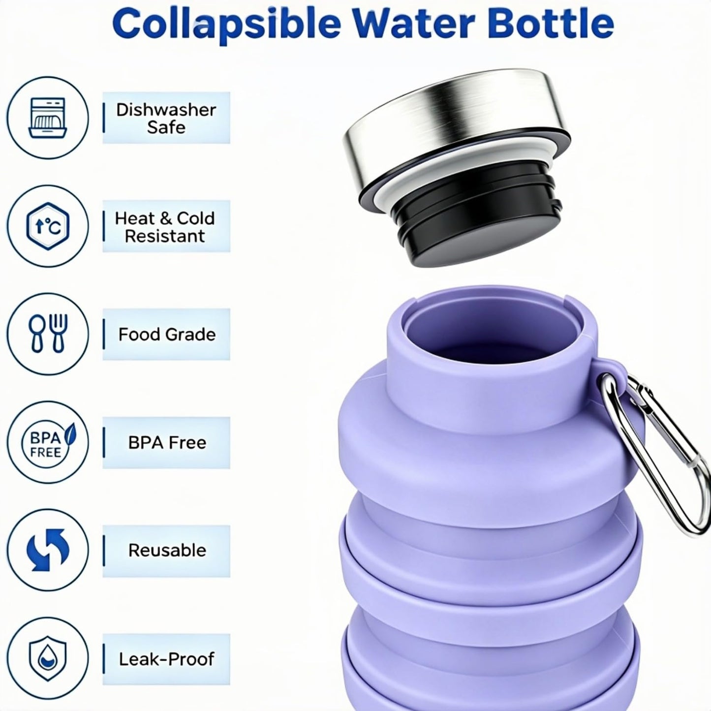 YCT Collapsible Water Bottle 17oz（500ml），Travel Portable Sport Water Bottle，Reusable Silicone Foldable Water Bottles for Gym Camping Hiking (Purple+Blue)
