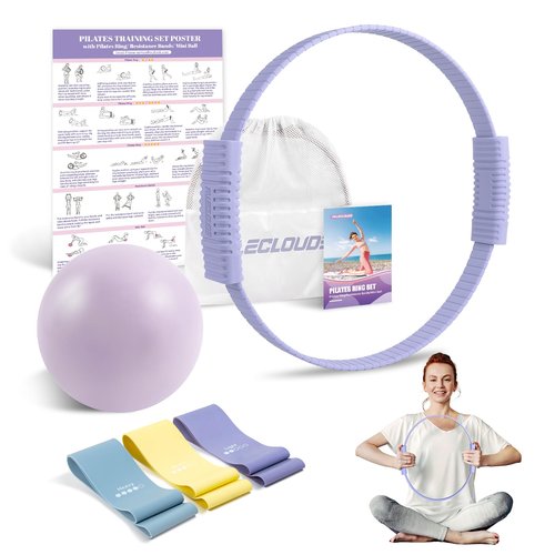 Pilates Essentials Kit for Women, 13.5" Pilates Ring and Ball Set with Resistance Bands for Home Workouts, Portable Pilates Kit with Bag & Training Poster for Full Body Exercise (Purple)