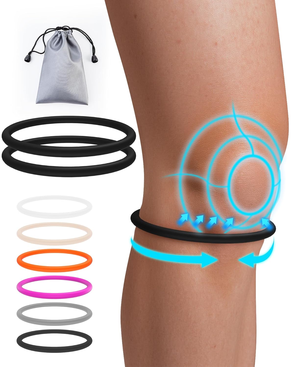 2PCS Patellar Tendon Support Strap for Knee Pain Relief, Knee Bands for Basketball, Running, Tennis, Soccer and Hiking, Silicone Patella Band for Women and Men, Includes Storage Bag (Black)