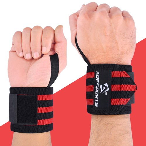 AQF Power Weight Lifting Wrist Wraps Supports with Thumb Loop for Gym Strength Training, Powerlifting, Bodybuilding and Deadlifts (Red & Black, 18")