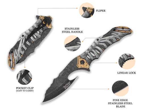 Snake Eye Tactical "Dark Fantasy Blades Heavy Duty 8.5-Inches Every Day Cary Hunting, Camping Folding Pocket-Folding EDC Knife (Gold)