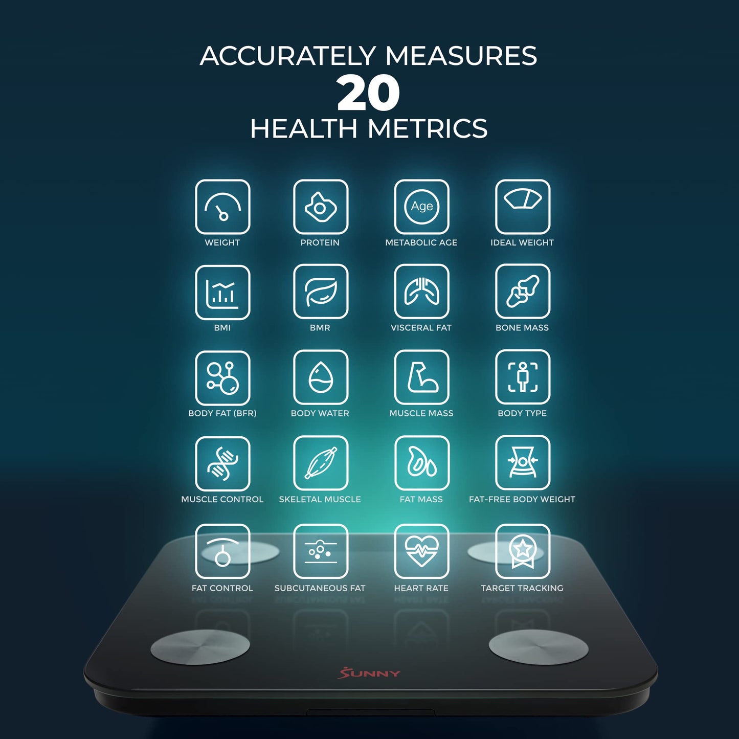 Sunny Health & Fitness 20 Metric Advanced Body Fat Composition BMI Scale with Health Tracker & Analyzer App - Smart Bathroom Scale for Body Weight, Metabolic Age, BMR, Fat Mass and More – SF-WS022063