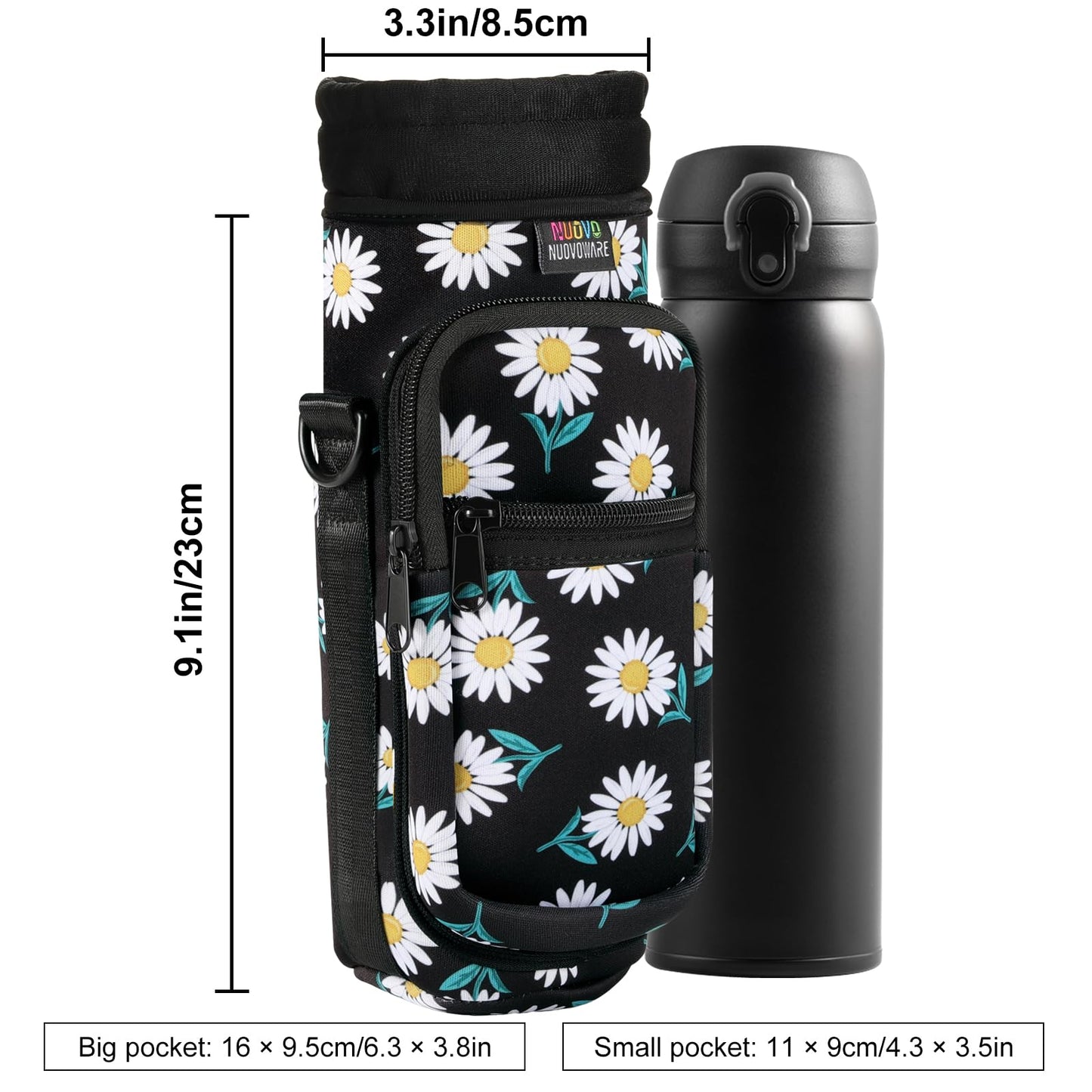 Nuovoware Water Bottle Carrier Bag, 25oz/32oz Bottle Pouch Holder, Adjustable Shoulder Hand Strap 2 Pocket Sling Neoprene Sleeve Sports Accessories for Hiking Travelling Camping, BlackDaisy