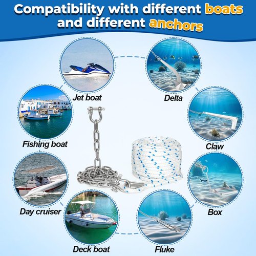 FUCNEN 1/2" Boat Anchor Rope 100 FT with 316 Stainless Steel Chain 1/4" x 6 FT, 5/16" Anti-Off Shackles and 1/2" Thimble, Anchor Rode for Mooring, Boats Pontoon, Deck, Fishing, Sail