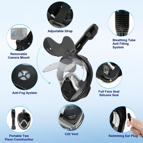 Snorkeling Gear for Adults, Full Face Snorkel Mask Adults with Camera Mount, Snorkel Mask for Glasses Wearers Check Valve Air Inlet Breathe Better, Panoramic View Snorkel Set (Black, L)