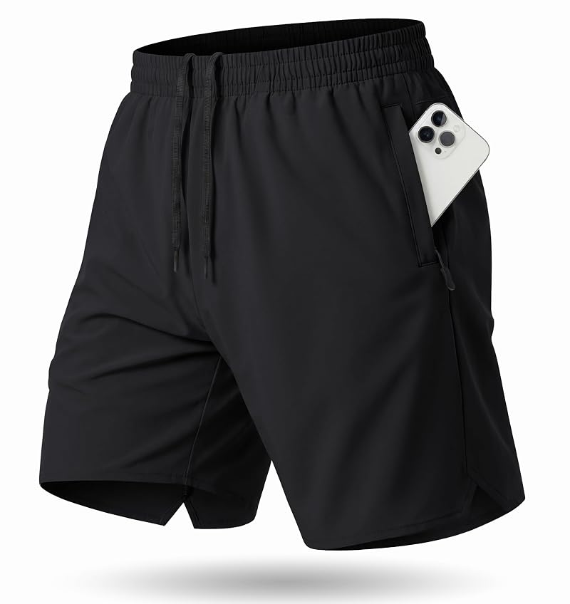 TACVASEN Men’s 7" Athletic Shorts with 3 Zipper Pockets – Black, Medium