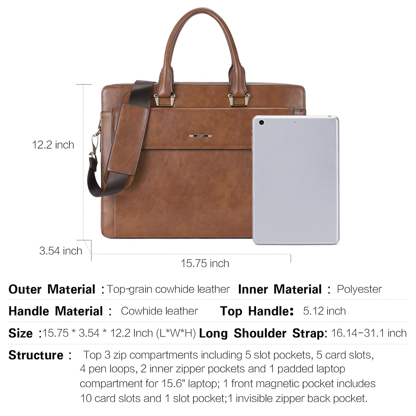 CLUCI Women Leather Briefcases Slim Large Business 15.6 Inch Laptop Vintage Shoulder Bag for Men