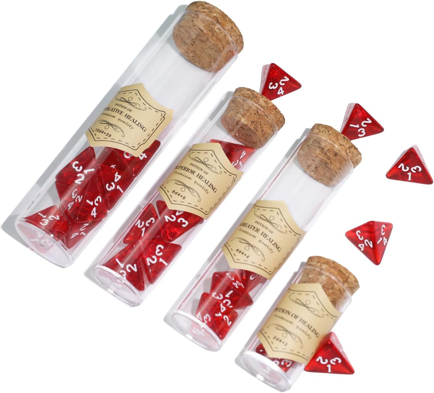 24Pce Red Polyhedral D4 Dice Set, Roleplaying Healing Potion Bottles with Cork Lids for RPG Board Table Gaming, Compatible with Dungeons and Dragons D&D MTG Accessories