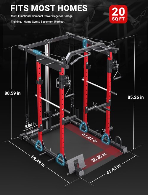 YOLEO Smooth Dual Pulley System Power Cage, 1600LBS Adjustable Cable Crossover Power Rack, Multi-Functional Squat Rack for Home Gym with More Training Attachment (Power Cage)