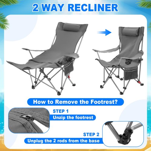 Yuntau 2 Set Reclining Camping Chair with Umbrella Clamp, Adjustable Beach Chair with Foot Rest, SPF 50+, Folding Shade Camping Lounger Recliner for Adult Outdoor(Grey,Blue,Oxford)